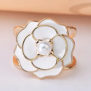 Elegant white camellia flower silk scarf buckle with pearl and gold metal trim