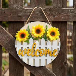 Rustic sunflower welcome wooden door sign hanging on a vintage garden fence decoration.