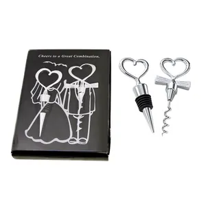Heart-shaped chrome wine opener and stopper set in a premium black wedding gift box