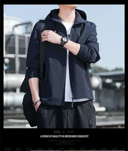 Stylish men's navy blue hooded jacket, lightweight slim-fit casual outerwear for spring autumn