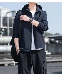 Chaqueta con capucha azul marino para hombre, ropa de abrigo ligera y ajustada para otoño