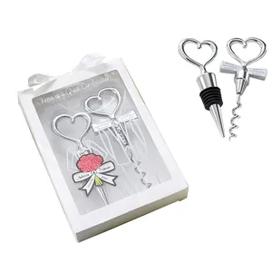 Elegant heart-shaped wine bottle stopper and corkscrew set in a white gift box