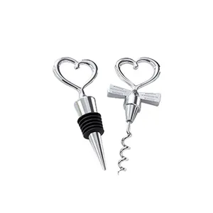 Elegant silver heart-shaped wine bottle opener and stopper gift set for wedding favors