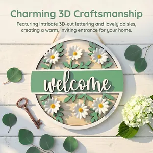 Detail of 3D welcome door sign with white daisies and green leaves on white wood.