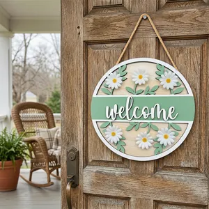 Rustic wooden welcome sign with daisies hanging on a front door for home decor