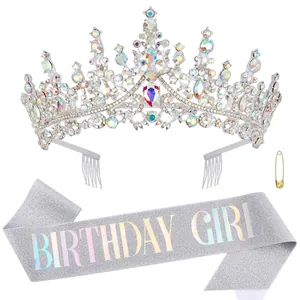 Sparkling crystal tiara crown and iridescent Birthday Girl glitter sash party accessory set