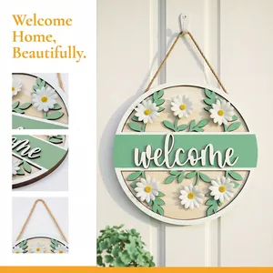 Floral wooden welcome door sign with white daisies and green leaves