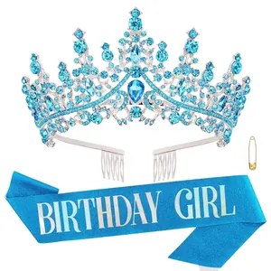 Elegant blue rhinestone birthday tiara crown with matching blue birthday girl sash