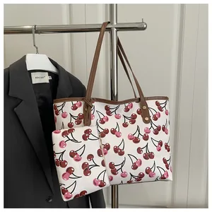 Grand sac fourre-tout à imprimé cerise avec petite pochette assortie pour femme