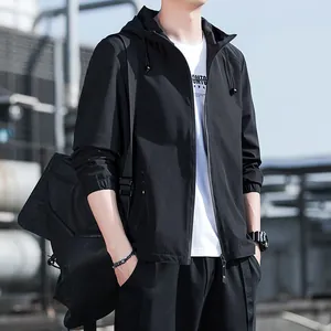 Men's Slim Fit Hooded Jacket Spring Autumn Thin Windproof Solid Color Zipper Casual Lightweight Fashion Outerwear Coat