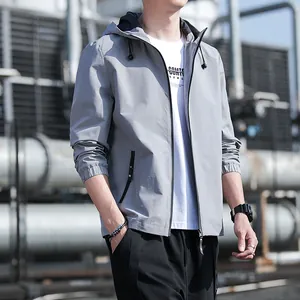 Professional men's stylish grey hooded windbreaker jacket for spring and autumn seasons