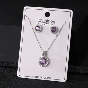 Elegant purple zircon jewelry set with round necklace and stud earrings for women