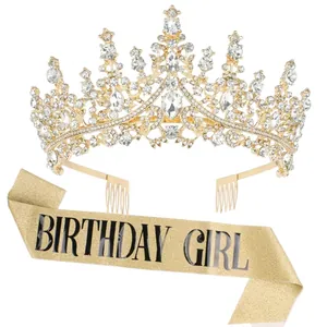 Sparkling gold rhinestone birthday tiara crown and glitter sash set for party celebration