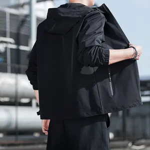 Men's black lightweight hooded jacket with slim fit design for spring and autumn