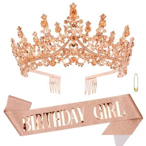 Elegant rose gold rhinestone tiara with Birthday Girl sash for party celebrations
