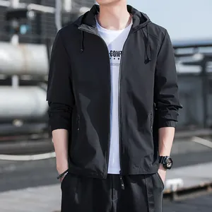 Men's lightweight black hooded jacket slim fit casual spring autumn windbreaker outerwear