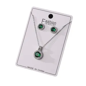 Elegant emerald green round zircon necklace and stud earrings jewelry set for women
