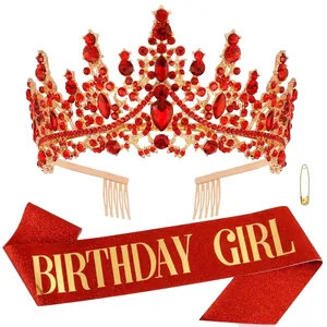 Elegant red rhinestone birthday crown and glittery sash set for girls party celebration