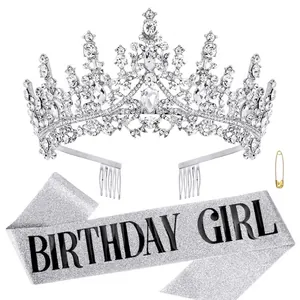 Sparkling silver rhinestone crown and glitter Birthday Girl sash set for party celebrations