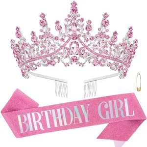 Luxury Rhinestone Birthday Tiara And Birthday Girl Queen Sash Set For Women Kids Gold Silver Crown Party Decorations