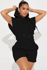 Chic black sleeveless hooded sweatshirt and matching shorts set for women's street style