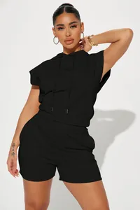 Detail shot of a black sleeveless hoodie and matching shorts casual set for women
