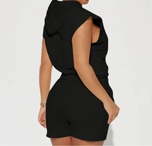 Stylish black sleeveless hoodie and shorts two-piece set shown from a back perspective.