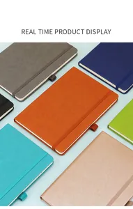 Detailed macro view of colorful A5 notebooks featuring elastic bands and pen loops