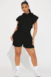 Women's black sleeveless hooded two-piece lounge set with matching shorts and drawstring