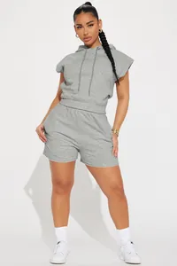 Two-piece gray sleeveless hooded lounge set for women featuring a streetwear style