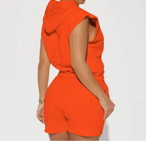 Detail back view showing the hood and cut of an orange sleeveless casual two-piece set