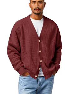 Cardigan en Maille Gaufre pour Hommes Manches Longues Col en V Boutonné Décontracté Ample Veste en Tricot pour Printemps Automne