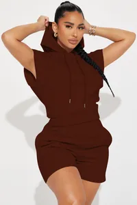 Full view of a stylish two-piece sleeveless hoodie and shorts set in chocolate brown