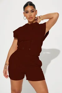 Detailed view of women's sleeveless brown hooded set in soft polyester fabric