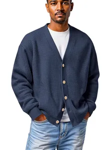 Gilet en maille gaufrée bleu marine pour homme, cardigan décontracté pour printemps automne