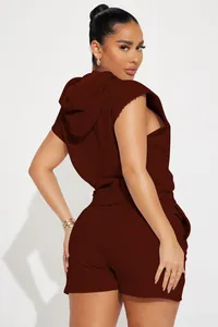 Detail view of stylish brown sleeveless hooded top and matching shorts set for women