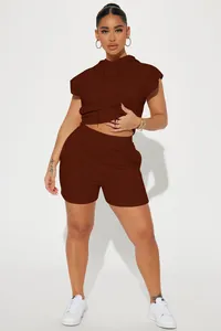 Detailed look at the chocolate brown sleeveless hoodie and shorts lounge set for women