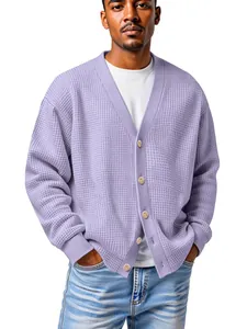 Gilet en maille gaufrée violette pour homme avec col en V pour un style décontracté