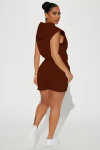Fashionable brown sleeveless hooded sweatshirt and matching shorts set for women's street style