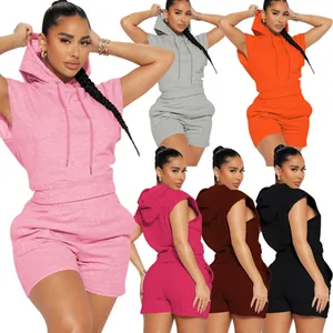 Multi-color options detail of women's sleeveless hooded top and shorts casual set