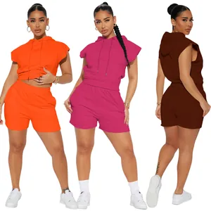 Women's 2-piece sleeveless hooded tracksuit set with shorts in vibrant colors