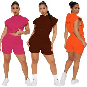 Trendy women's sleeveless hoodie and shorts two-piece set in three vibrant colors