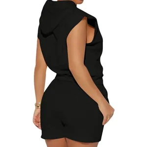 Detailed back view of a black sleeveless hooded sweatshirt and shorts set for women