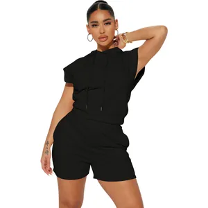 Women's black sleeveless hooded two-piece short set for casual street style wear