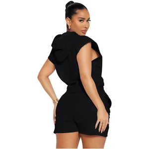Back view of a women's black sleeveless hooded top and shorts casual two-piece set.