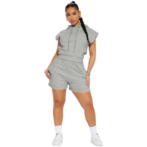 Grey sleeveless hooded top and shorts lounge set for women's casual street fashion