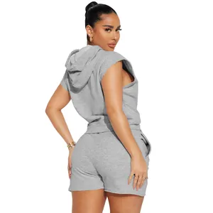 Back view detail of women's grey sleeveless hooded leisure set showing casual fit