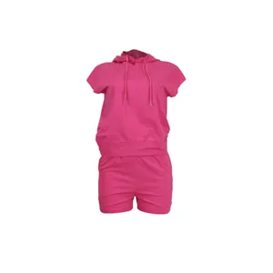 Detail view of a vibrant pink sleeveless hooded top and shorts set for women's casual wear.