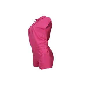 Detailed side profile of a women's hot pink sleeveless hooded casual two-piece shorts set.