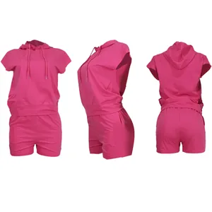 Multi-angle views of women's sleeveless hooded top and shorts set in fuchsia pink.